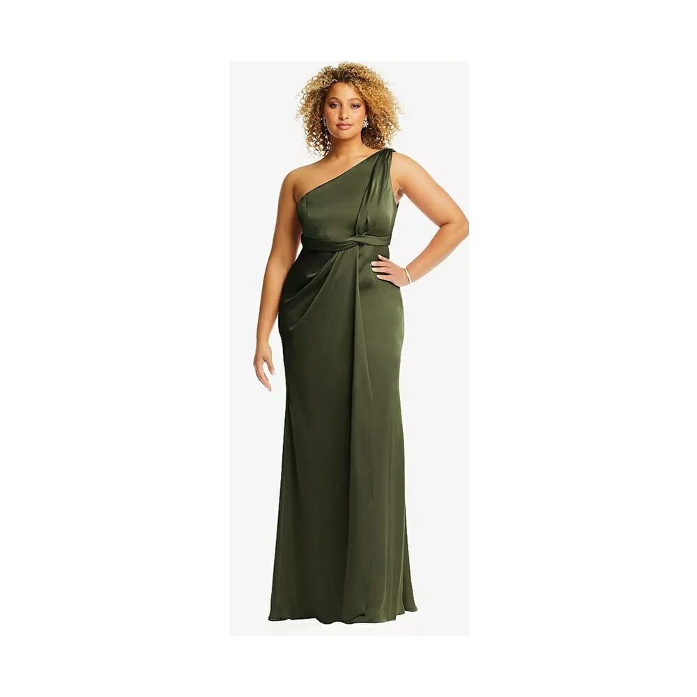 Dessy Collection 3111 NWT Olive Green One Shoulder Satin Trumpet Maxi Gown 4